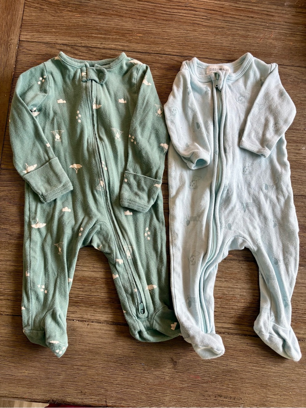 Two-Pack Baby Footed One-Piece Sleepers in Sage Green and Light Blue 0-3